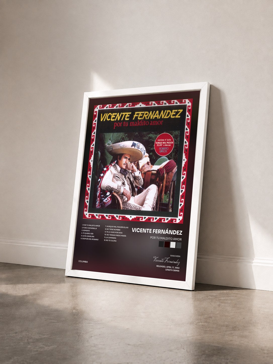 #blanc Tableau de l'album Por Tu Maldito Amor de Vicente Fernández vu de trois quarts, cadre blanc