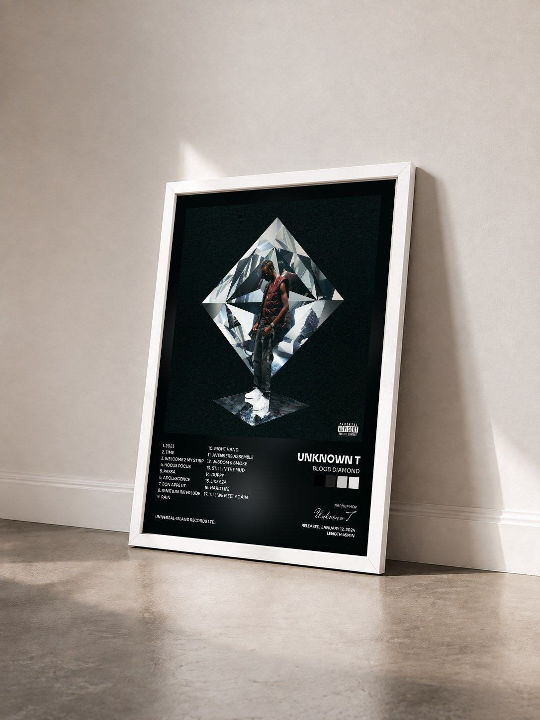 #blanc Tableau de l'album Blood Diamond de Unknown T vu de trois quarts, cadre blanc