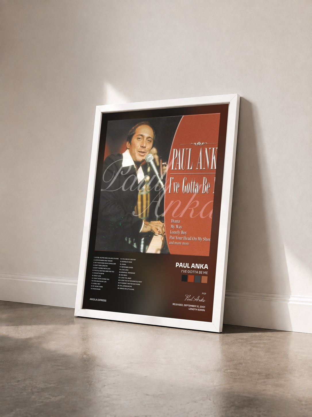 #blanc Tableau de l'album I've Gotta Be Me de Paul Anka vu de trois quarts, cadre blanc