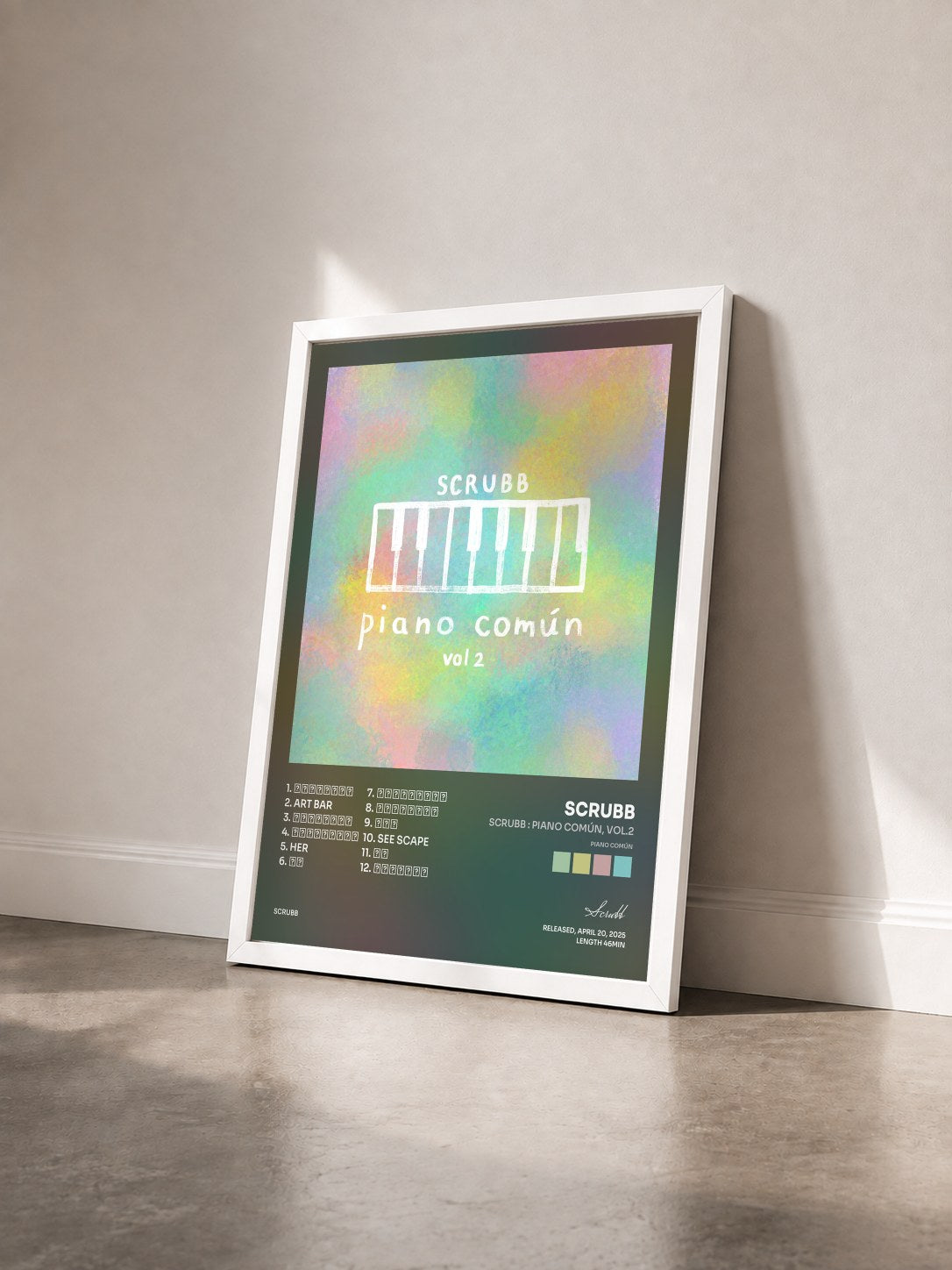 #blanc Tableau de l'album SCRUBB : Piano Común, Vol.2 (Piano común) de Scrubb vu de trois quarts, cadre blanc