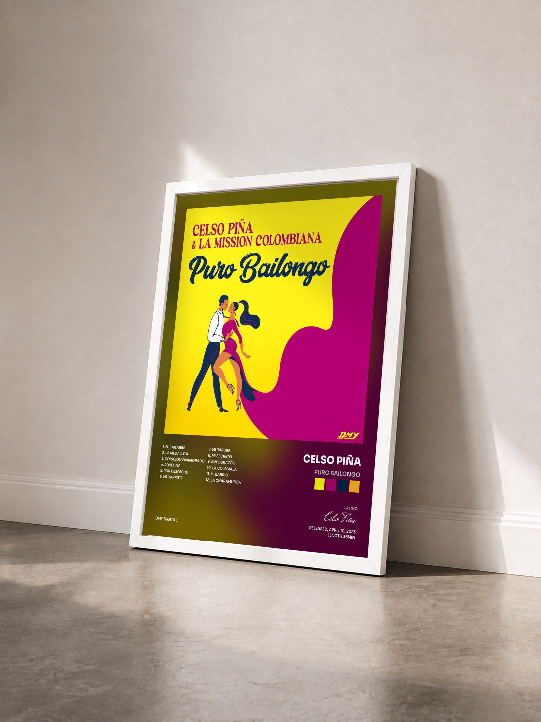 #blanc Tableau de l'album Puro Bailongo de Celso Piña vu de trois quarts, cadre blanc