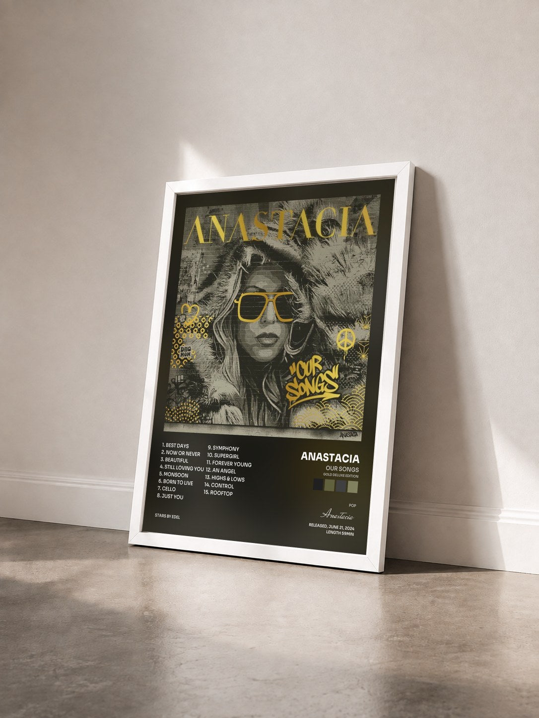 #blanc Tableau de l'album Our Songs (Gold Deluxe Edition) de Anastacia vu de trois quarts, cadre blanc