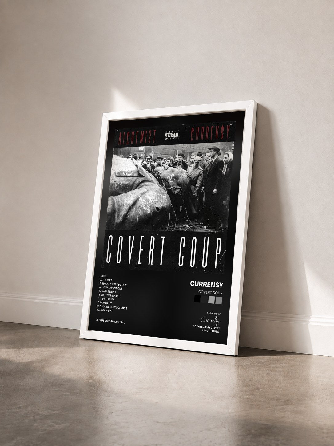 #blanc Tableau de l'album Covert Coup de Curren$y vu de trois quarts, cadre blanc