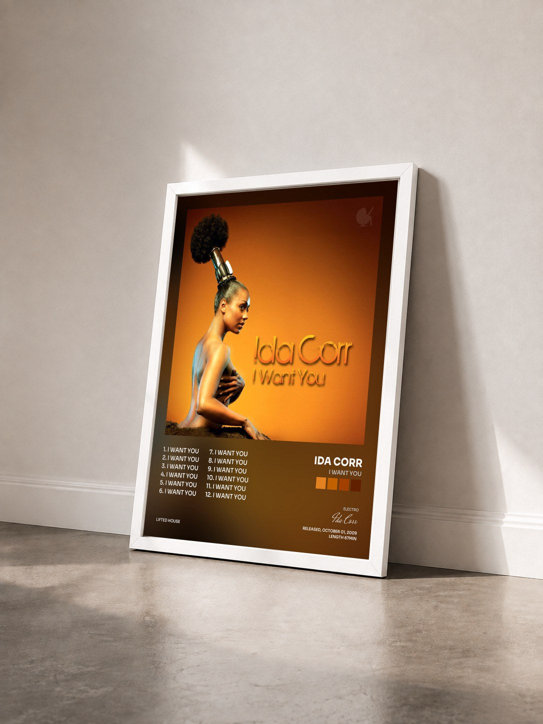 #blanc Tableau de l'album I Want You de Ida Corr vu de trois quarts, cadre blanc