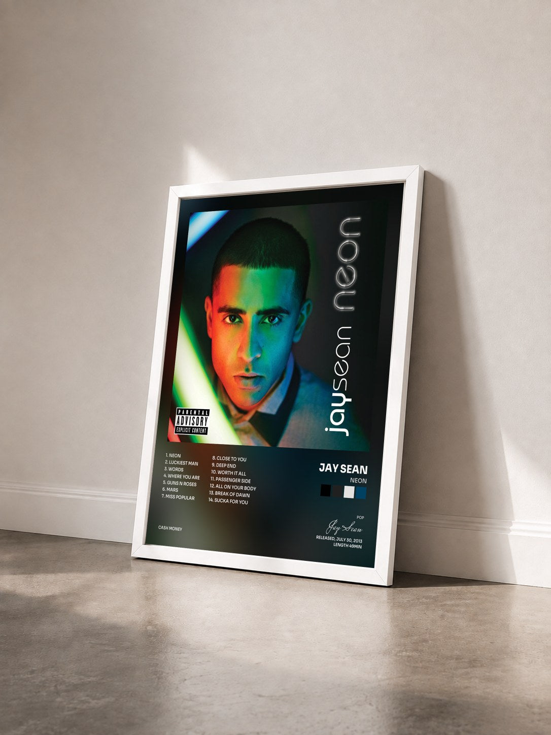 #blanc Tableau de l'album Neon de Jay Sean vu de trois quarts, cadre blanc