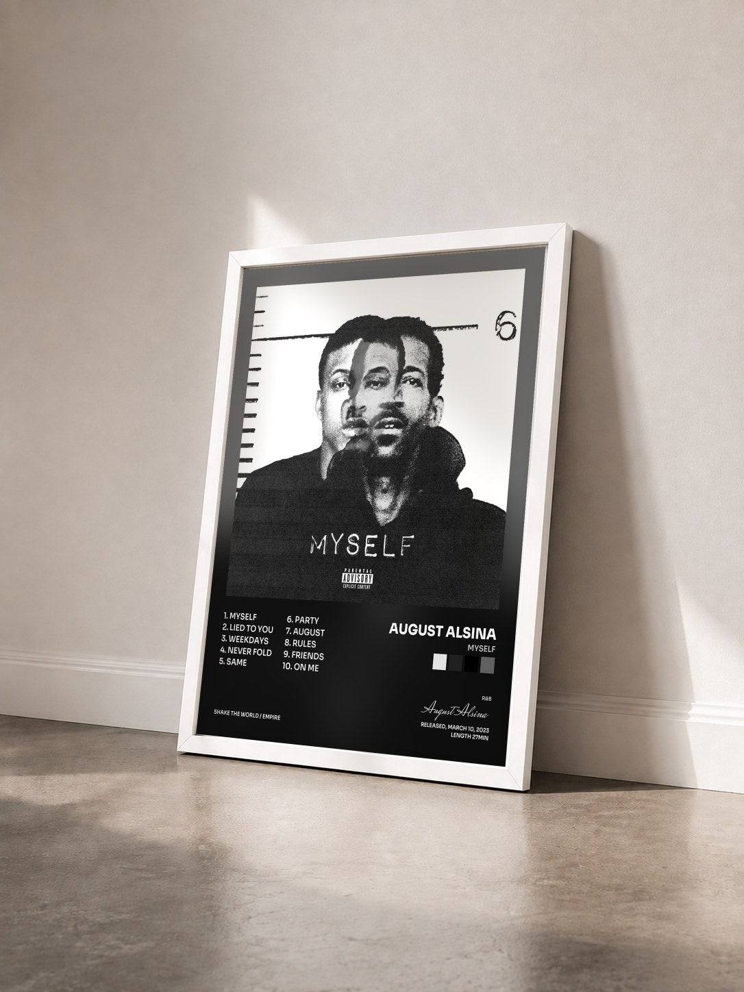 #blanc Tableau de l'album Myself de August Alsina vu de trois quarts, cadre blanc