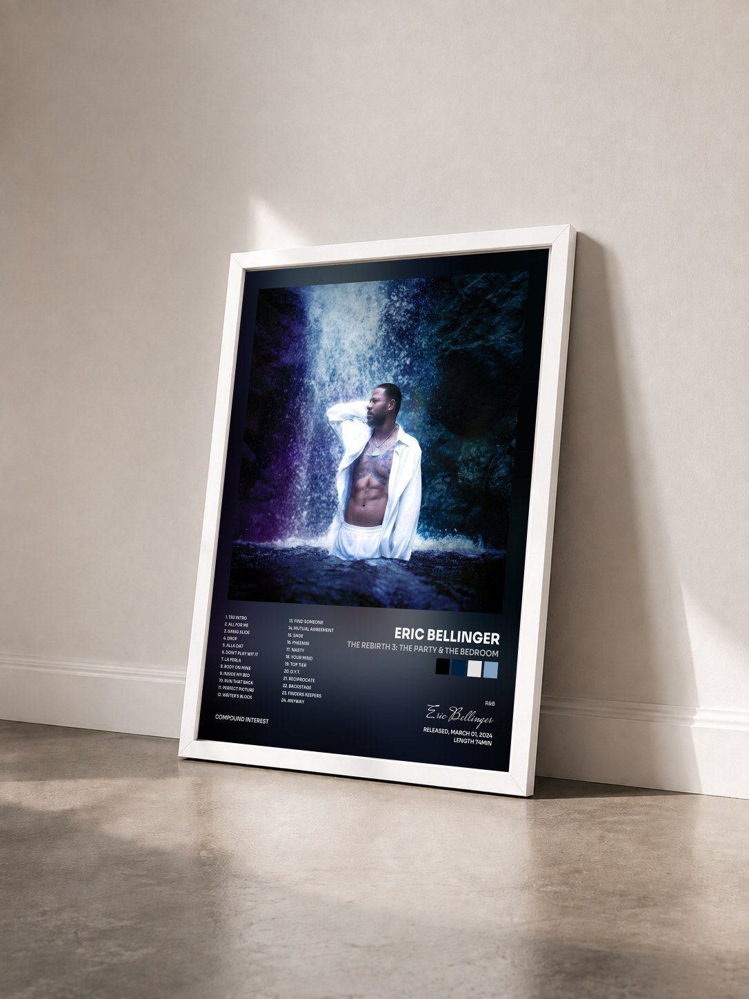 #blanc Tableau de l'album The Rebirth 3: The Party & The Bedroom de Eric Bellinger vu de trois quarts, cadre blanc
