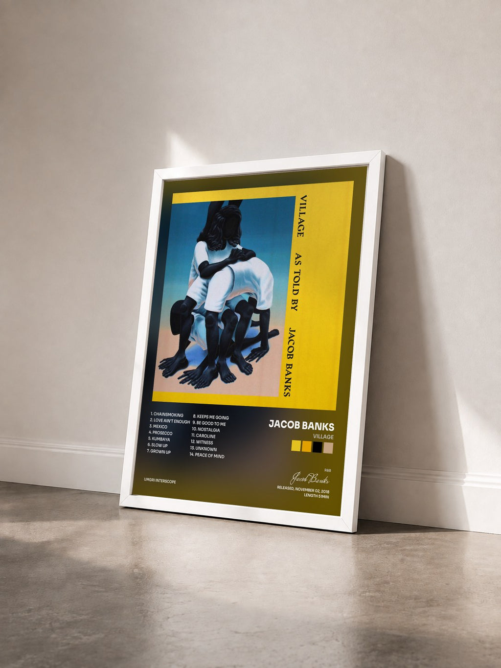 #blanc Tableau de l'album Village de Jacob Banks vu de trois quarts, cadre blanc