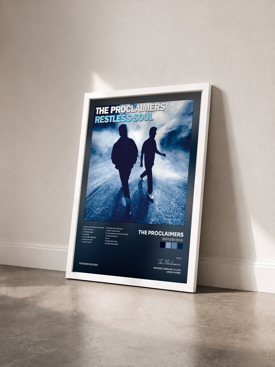 #blanc Tableau de l'album Restless Soul de The Proclaimers vu de trois quarts, cadre blanc