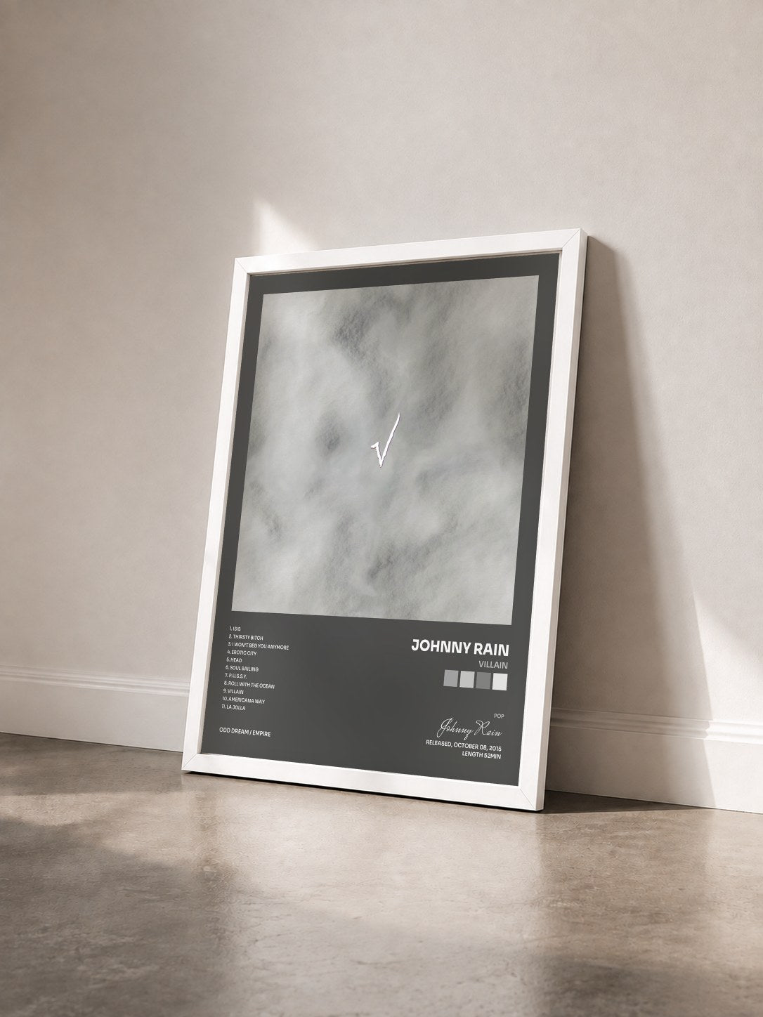 #blanc Tableau de l'album Villain de Johnny Rain vu de trois quarts, cadre blanc