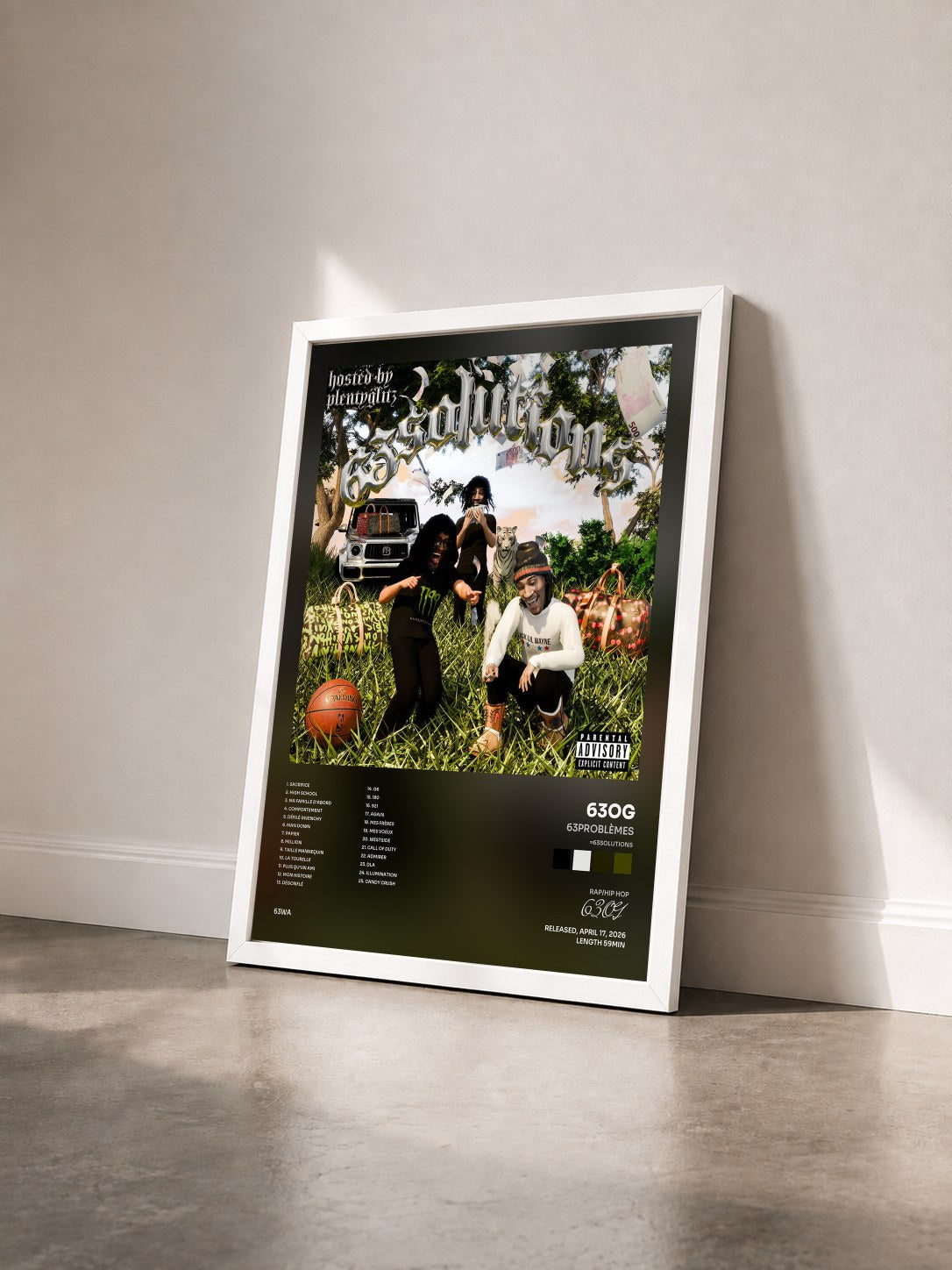#blanc Tableau de l'album 63PROBLÈMES (=63SOLUTIONS) de 63OG vu de trois quarts, cadre blanc
