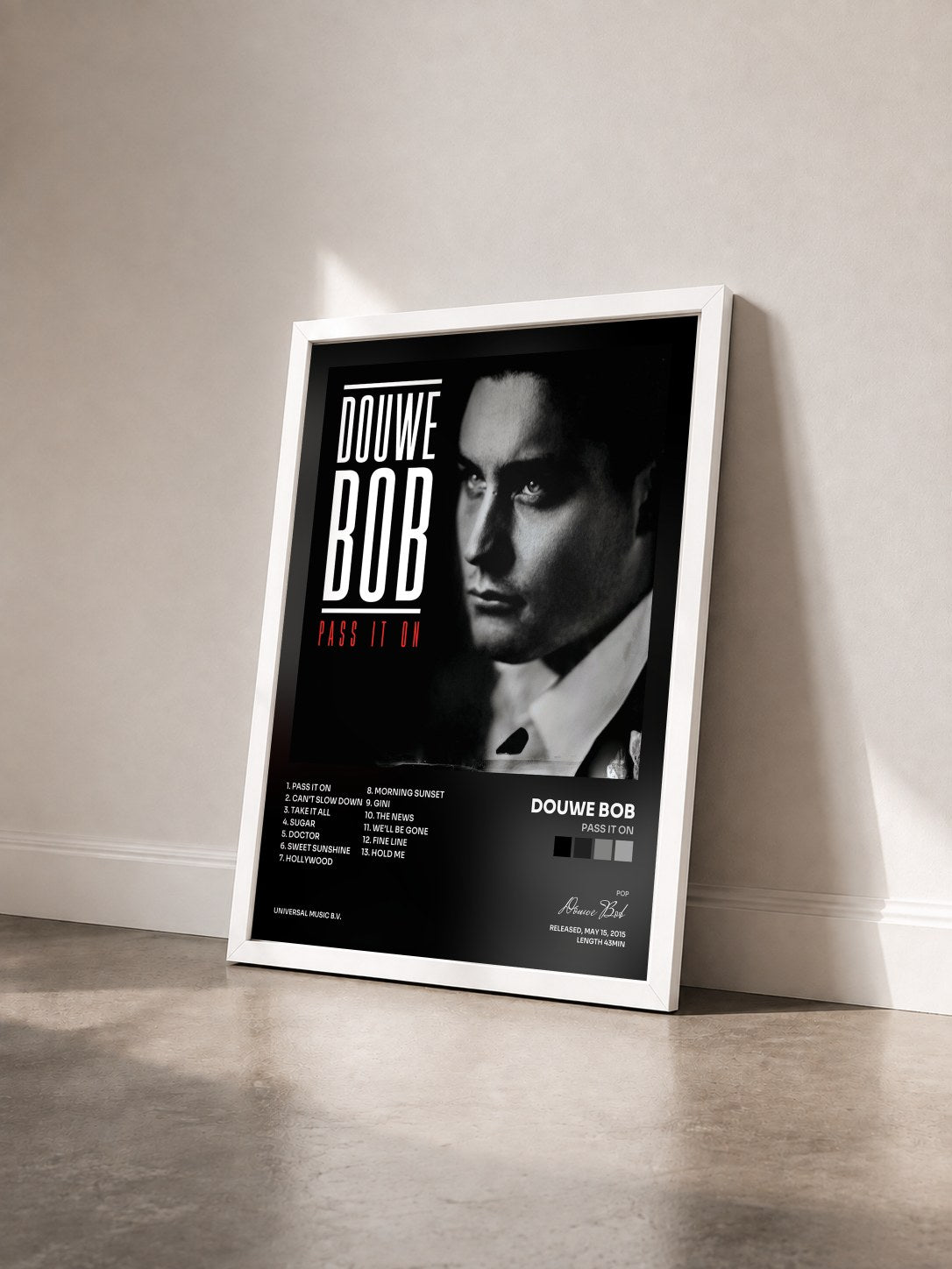 #blanc Tableau de l'album Pass It On de Douwe Bob vu de trois quarts, cadre blanc