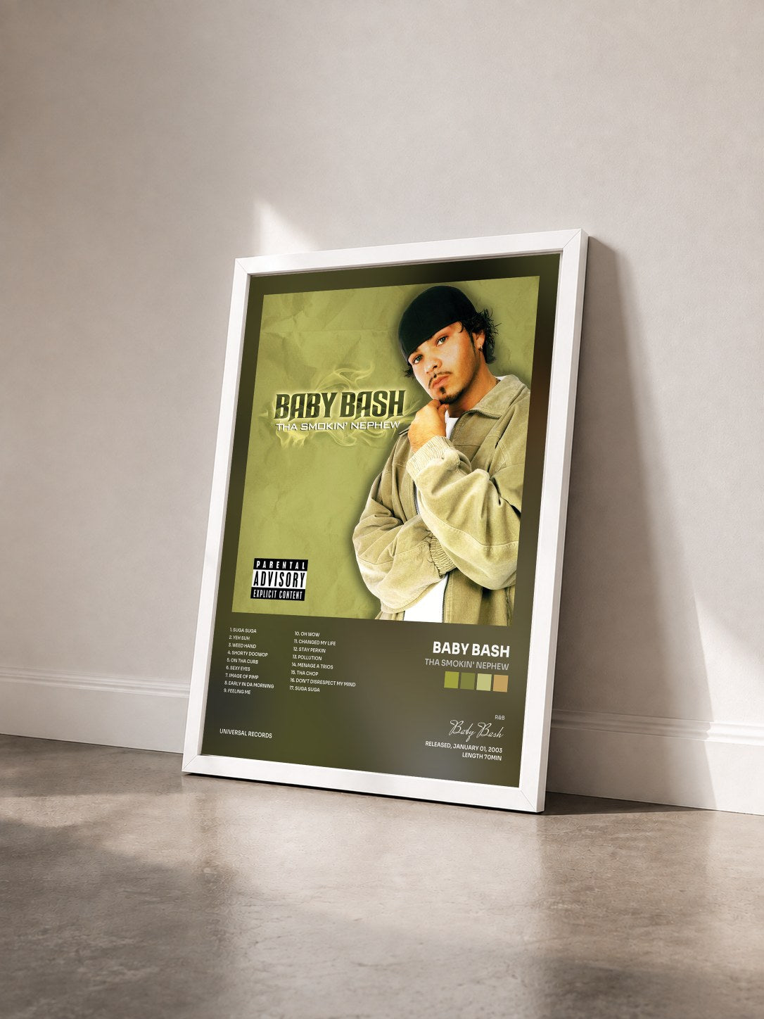 #blanc Tableau de l'album Tha Smokin' Nephew de Baby Bash vu de trois quarts, cadre blanc