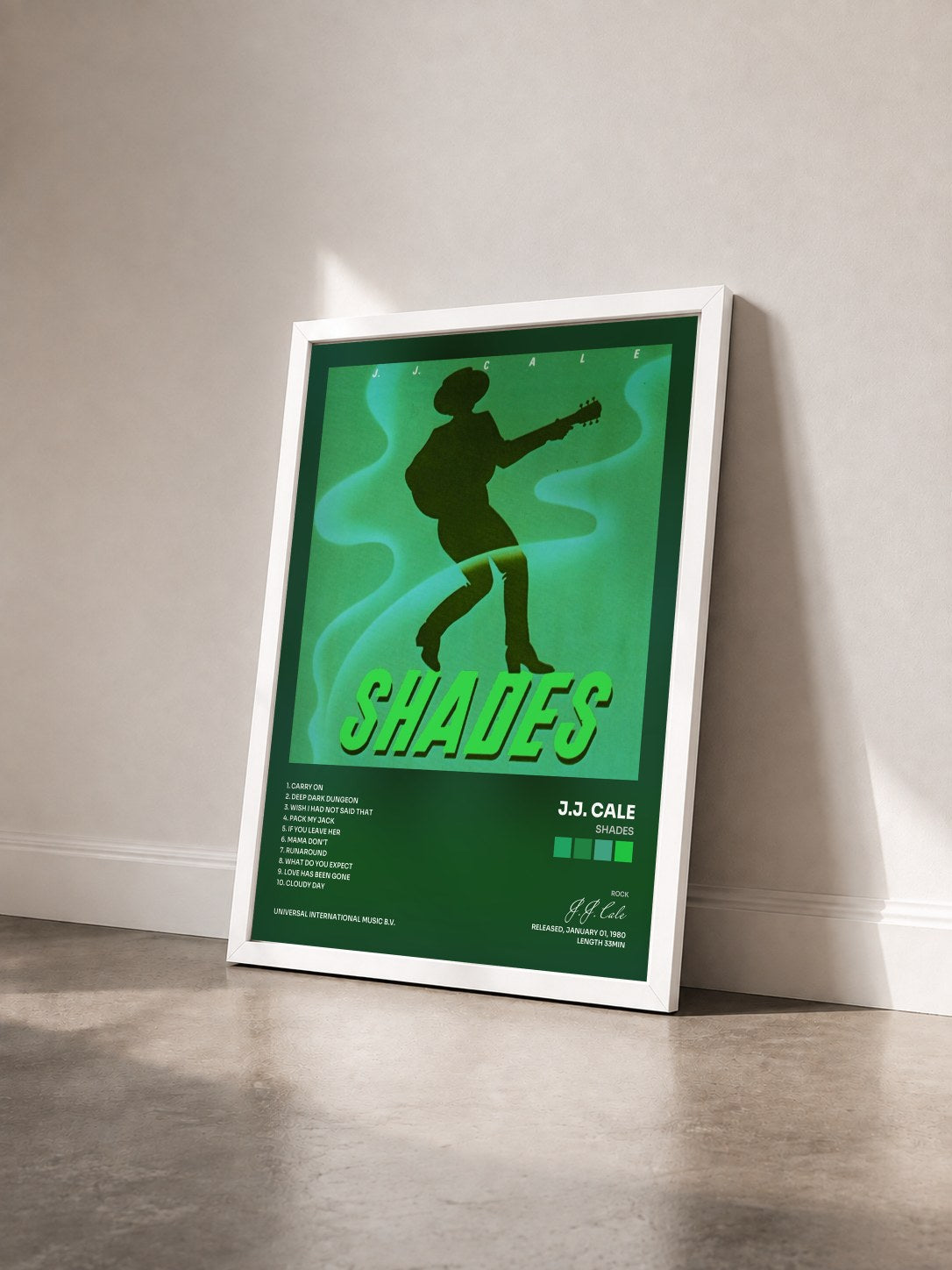 #blanc Tableau de l'album Shades de J.J. Cale vu de trois quarts, cadre blanc