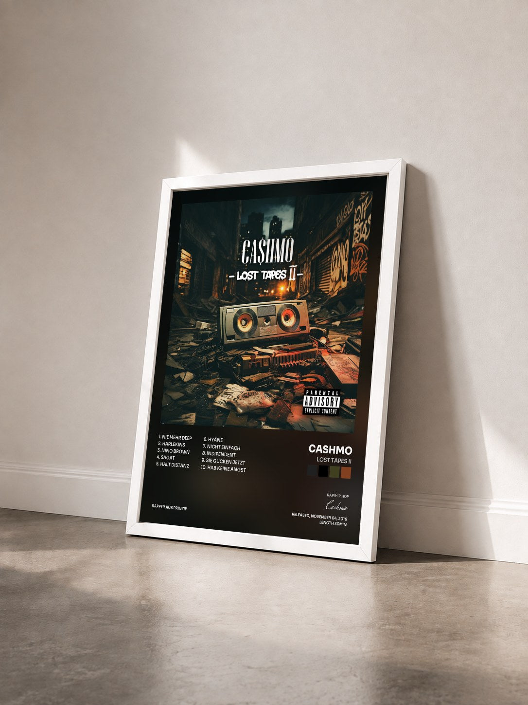 #blanc Tableau de l'album Lost Tapes II de Cashmo vu de trois quarts, cadre blanc