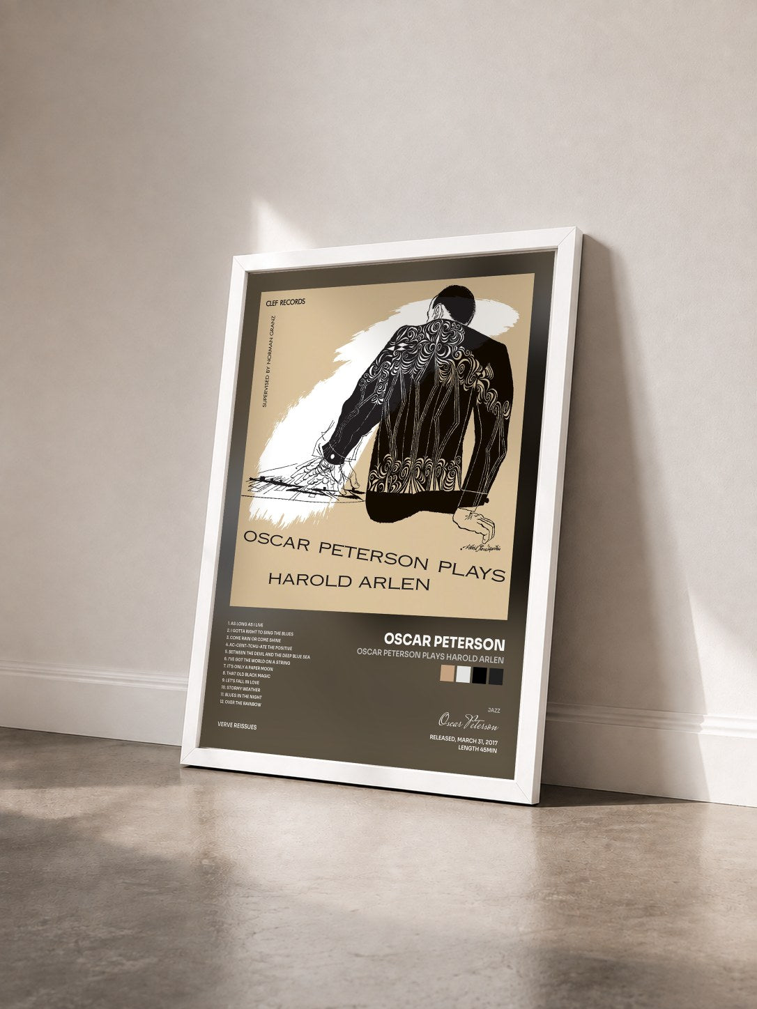 #blanc Tableau de l'album Oscar Peterson Plays Harold Arlen de Oscar Peterson vu de trois quarts, cadre blanc