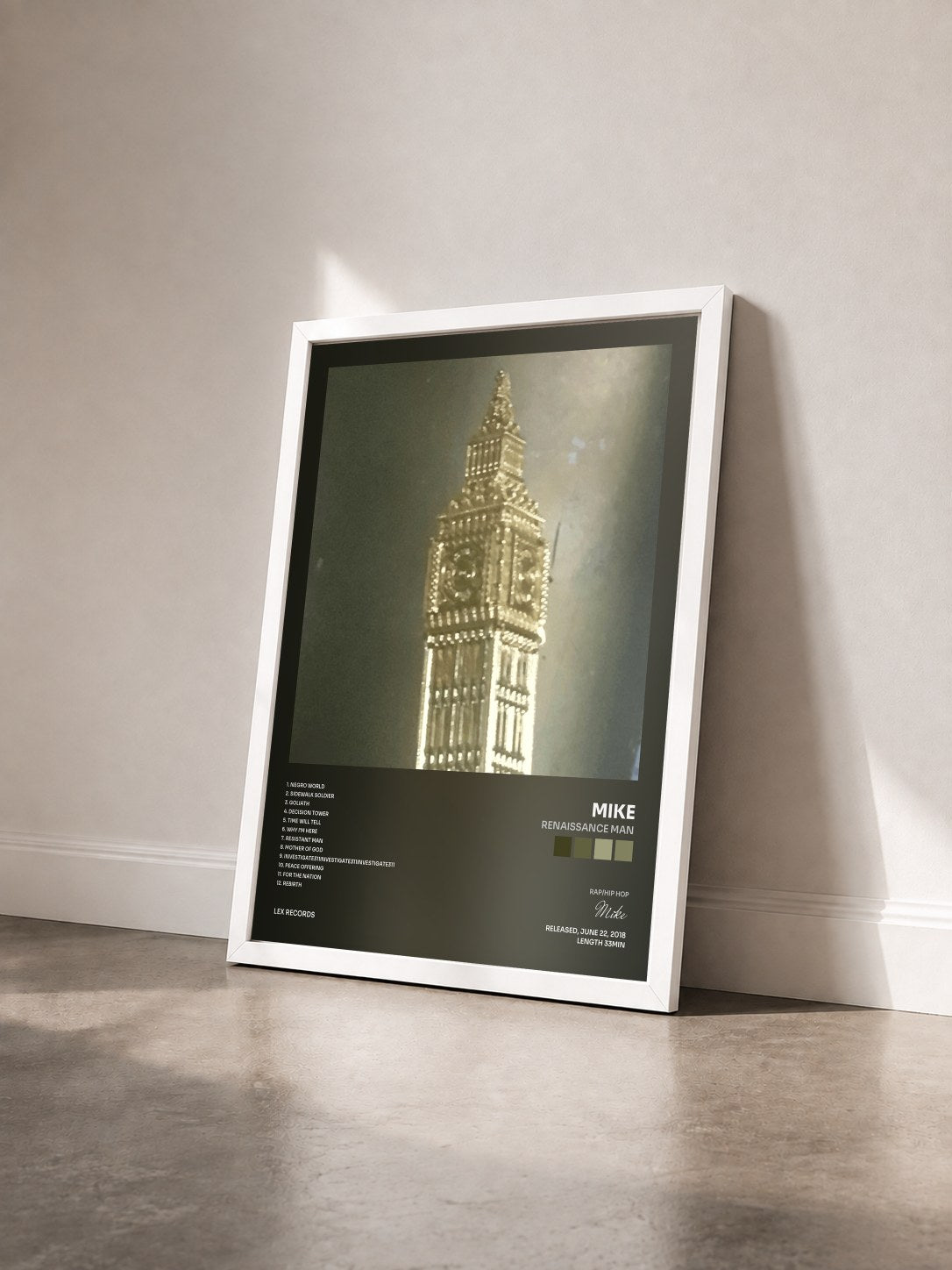 #blanc Tableau de l'album Renaissance Man de Mike vu de trois quarts, cadre blanc