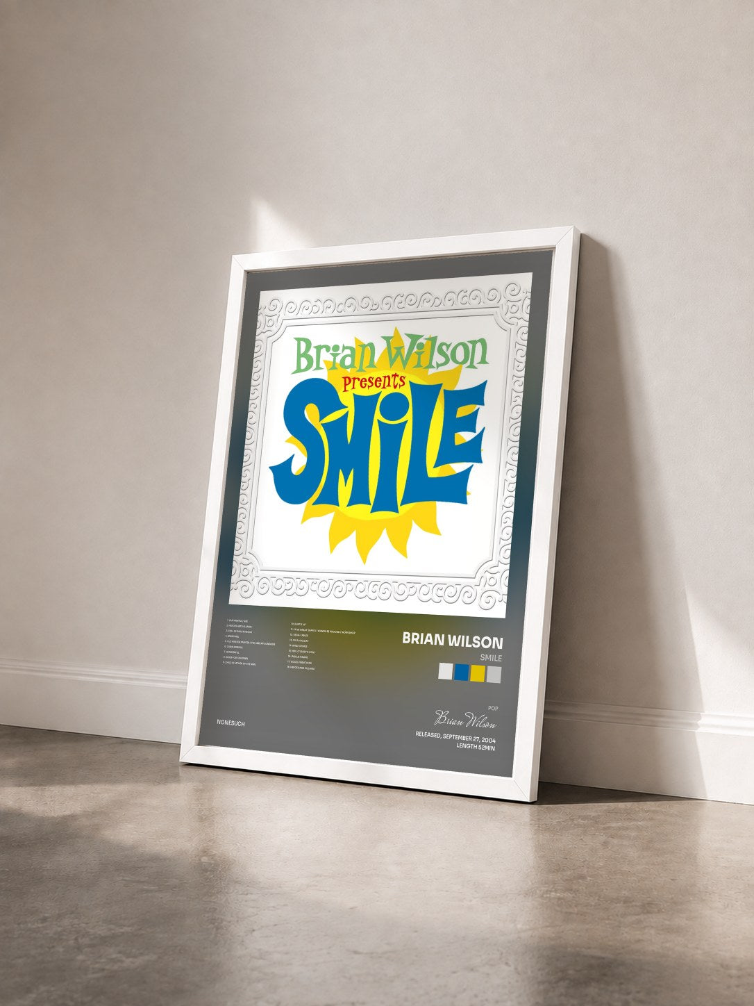 #blanc Tableau de l'album Smile de Brian Wilson vu de trois quarts, cadre blanc