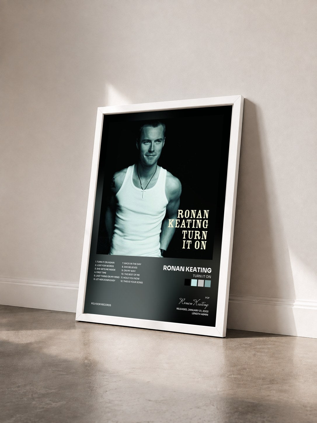 #blanc Tableau de l'album Turn It On de Ronan Keating vu de trois quarts, cadre blanc