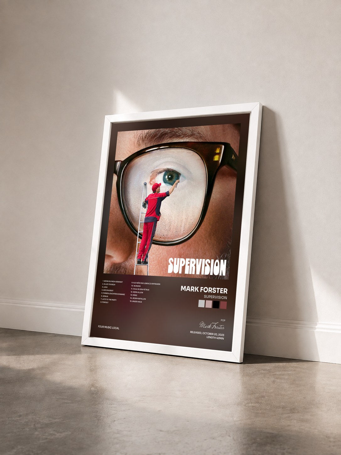 #blanc Tableau de l'album SUPERVISION de Mark Forster vu de trois quarts, cadre blanc