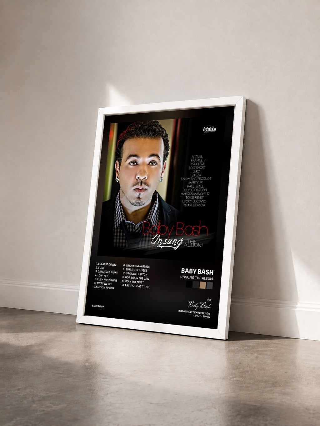 #blanc Unsung The Album by Baby Bash as a framed art print seen at an angle, white frame