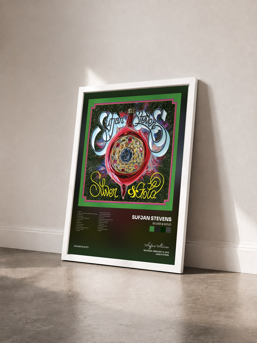 #blanc Tableau de l'album Silver & Gold de Sufjan Stevens vu de trois quarts, cadre blanc