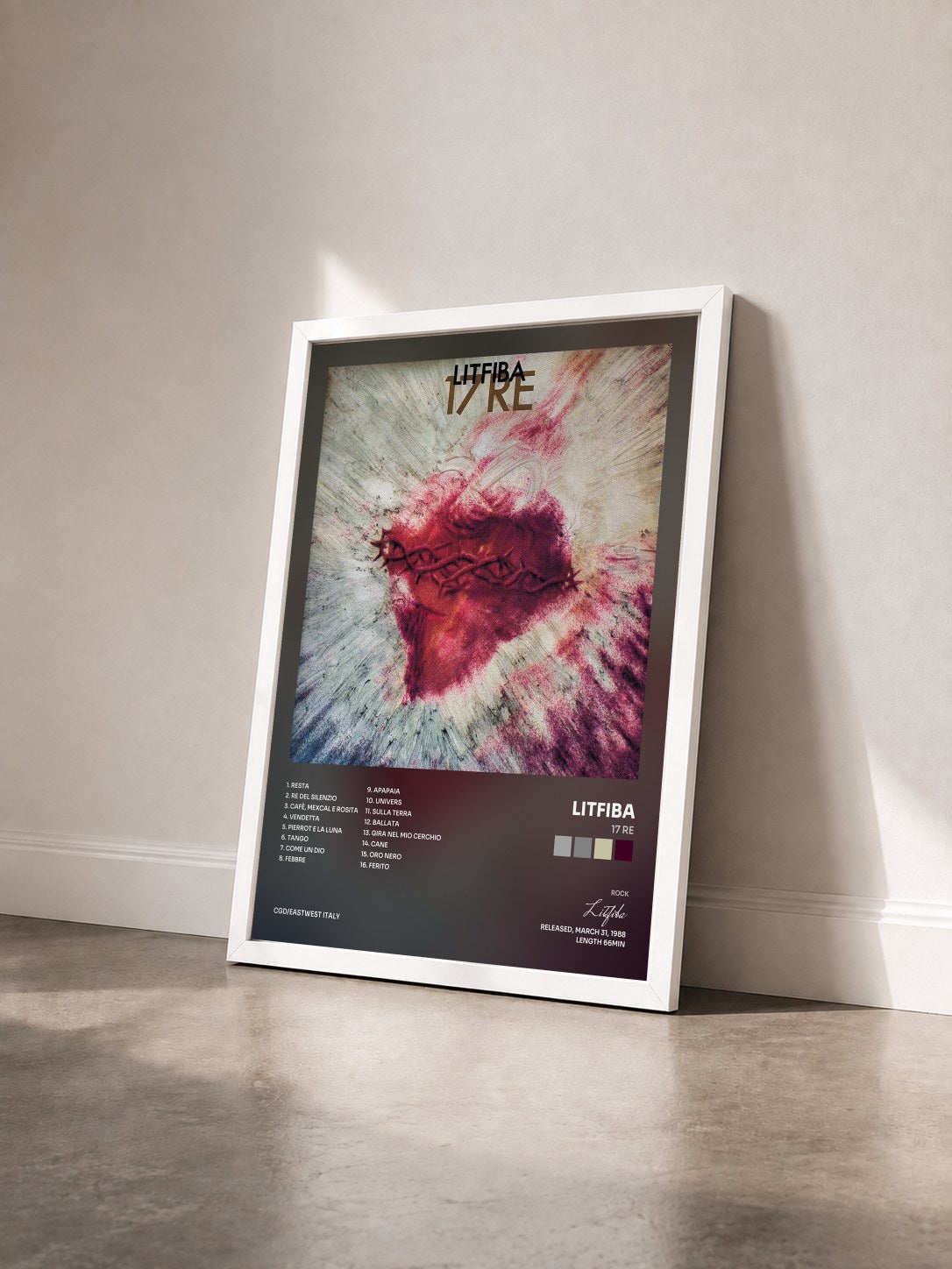 #blanc Tableau de l'album 17 Re de Litfiba vu de trois quarts, cadre blanc