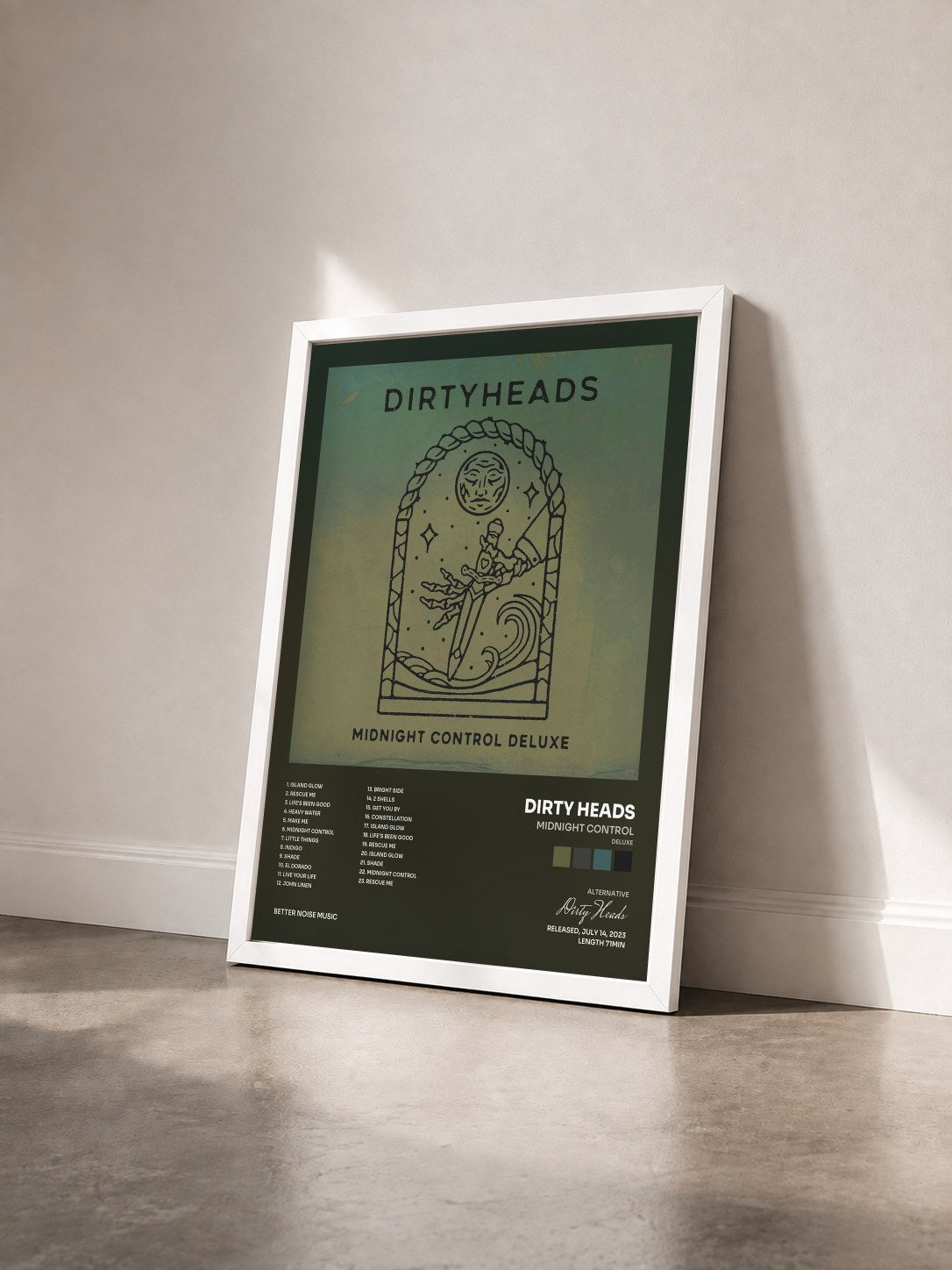 #blanc Tableau de l'album Midnight Control (Deluxe) de Dirty Heads vu de trois quarts, cadre blanc
