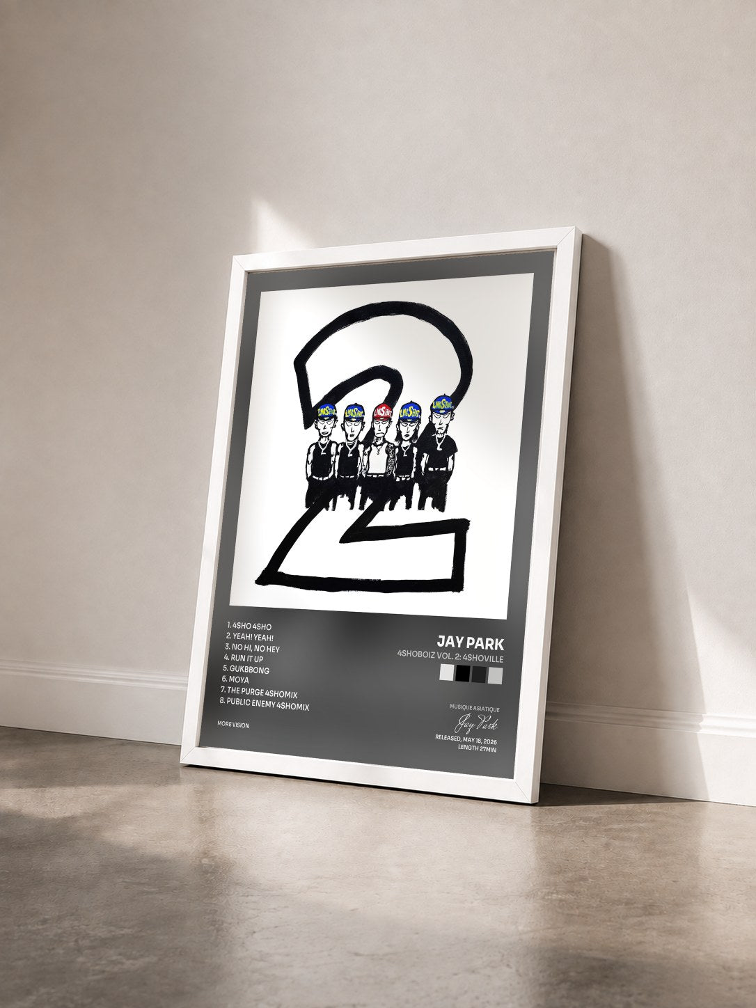 #blanc Tableau de l'album 4SHOBOIZ Vol. 2: 4SHOVILLE de Jay Park vu de trois quarts, cadre blanc