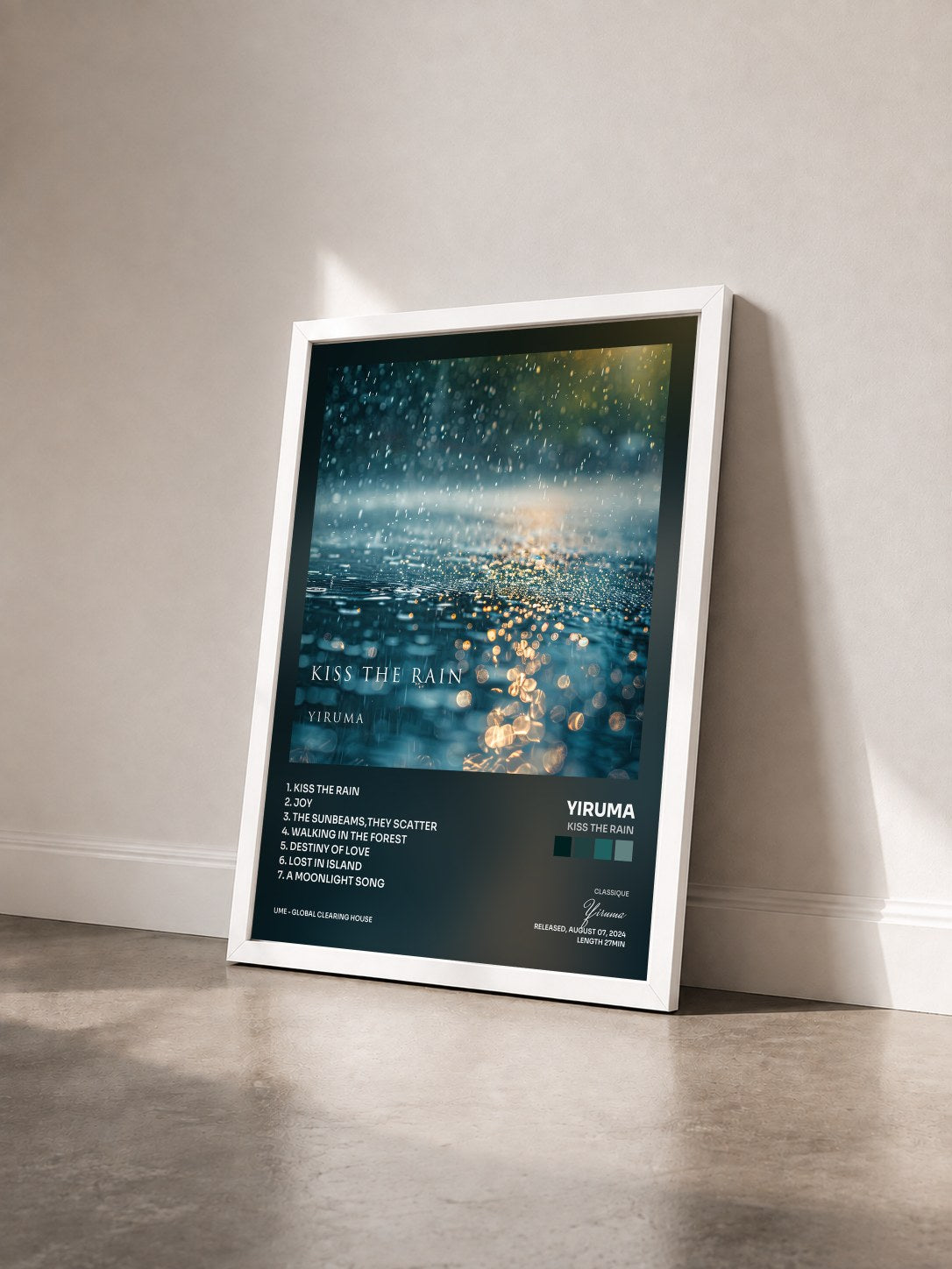 #blanc Tableau de l'album Kiss The Rain de Yiruma vu de trois quarts, cadre blanc