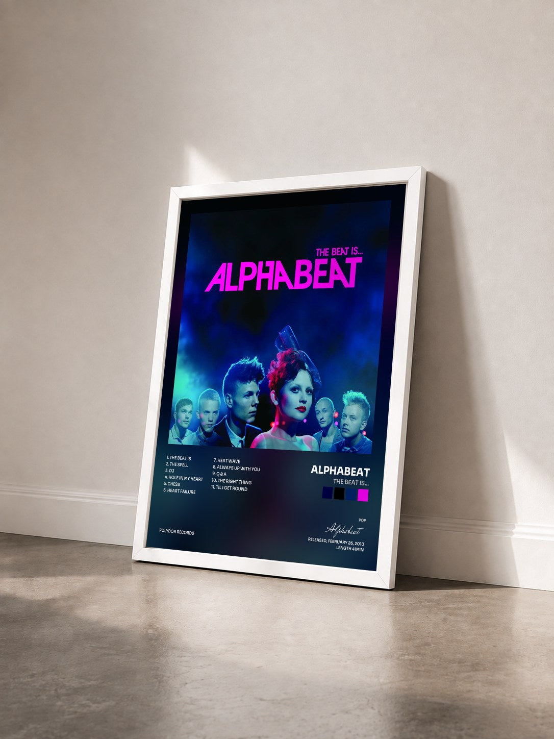 #blanc Tableau de l'album The Beat Is... de Alphabeat vu de trois quarts, cadre blanc