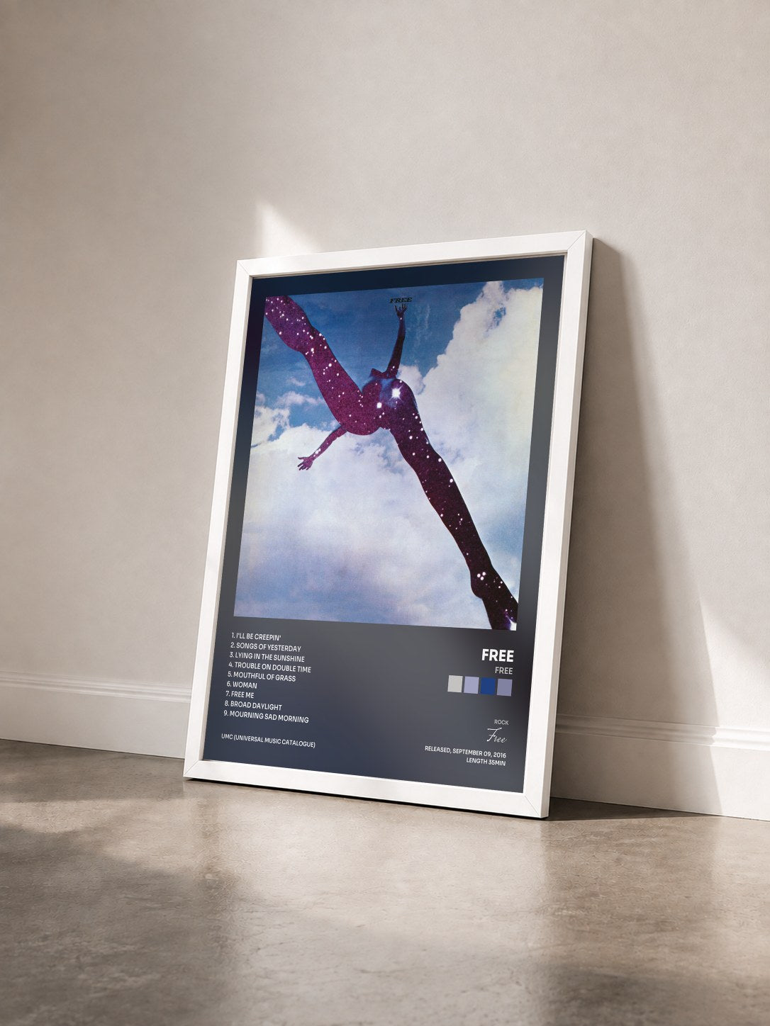 #blanc Tableau de l'album Free de Free vu de trois quarts, cadre blanc