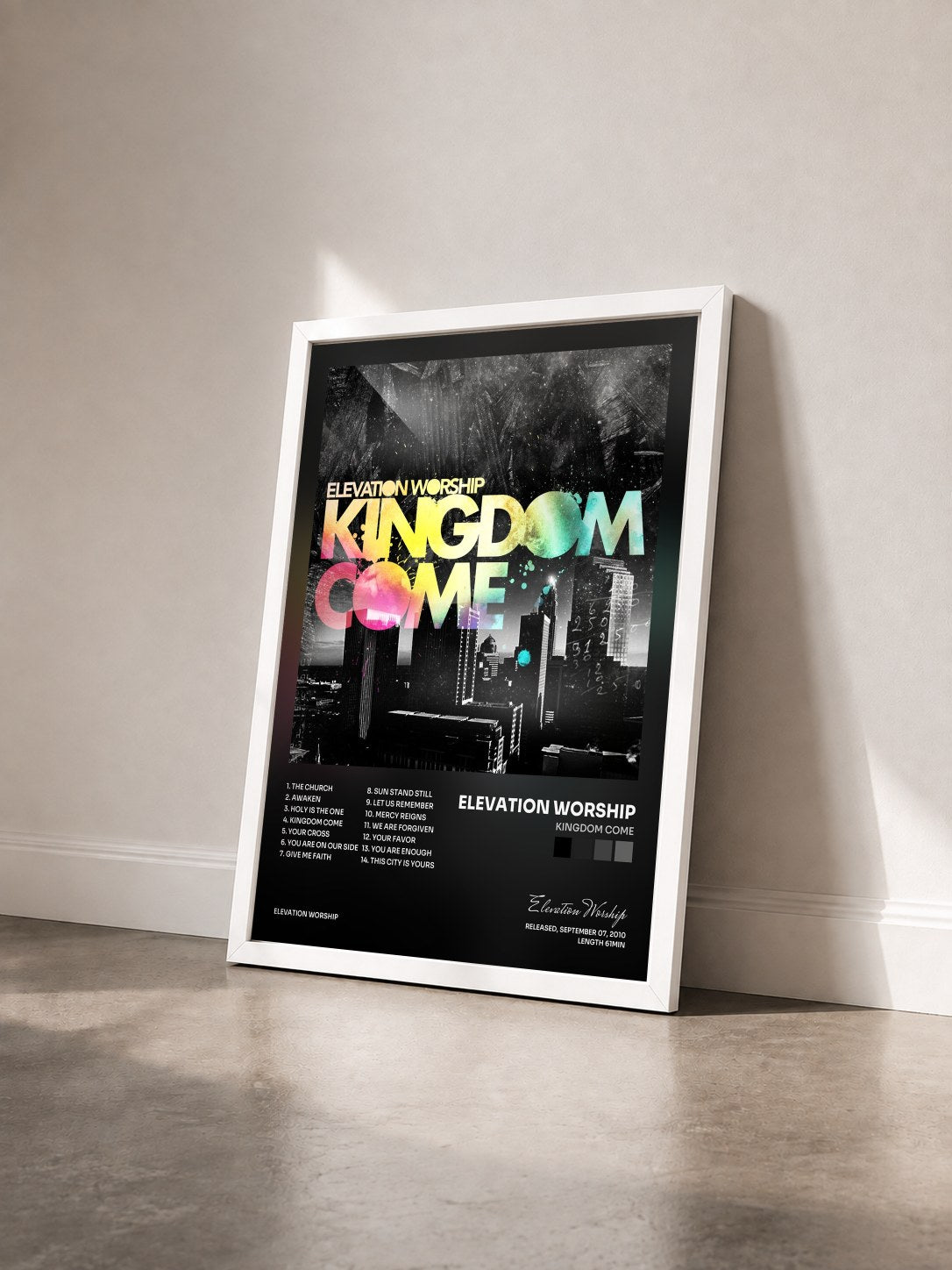 #blanc Tableau de l'album Kingdom Come de Elevation Worship vu de trois quarts, cadre blanc