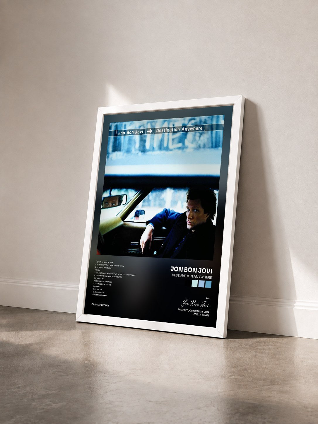 #blanc Tableau de l'album Destination Anywhere de Jon Bon Jovi vu de trois quarts, cadre blanc