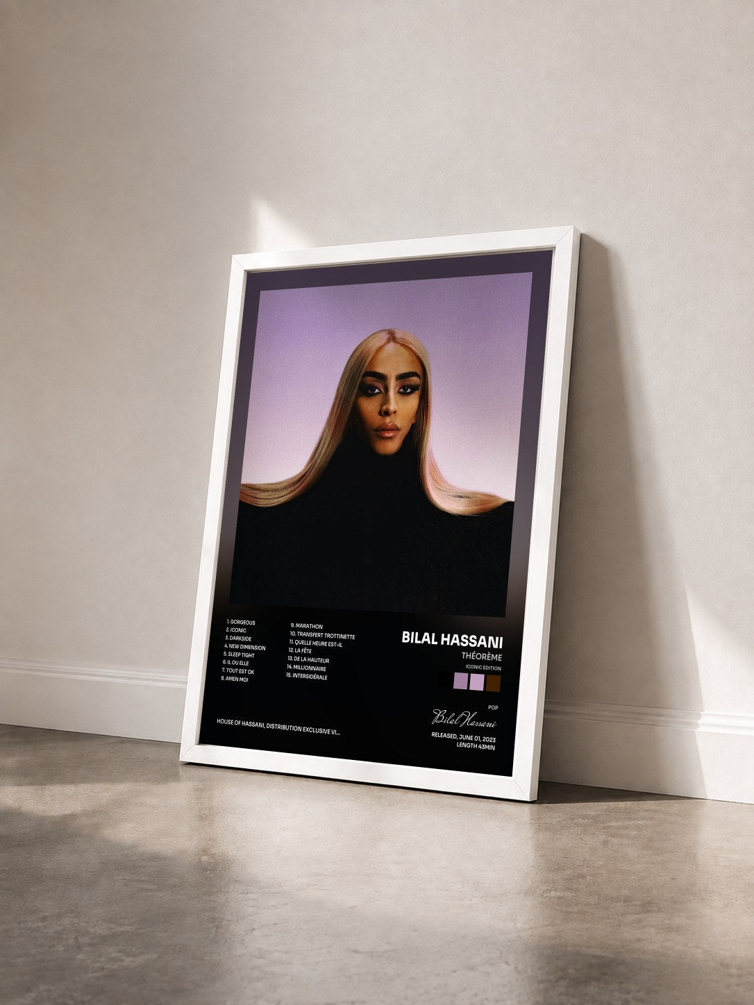 #blanc Tableau de l'album Théorème (Iconic Edition) de Bilal Hassani vu de trois quarts, cadre blanc