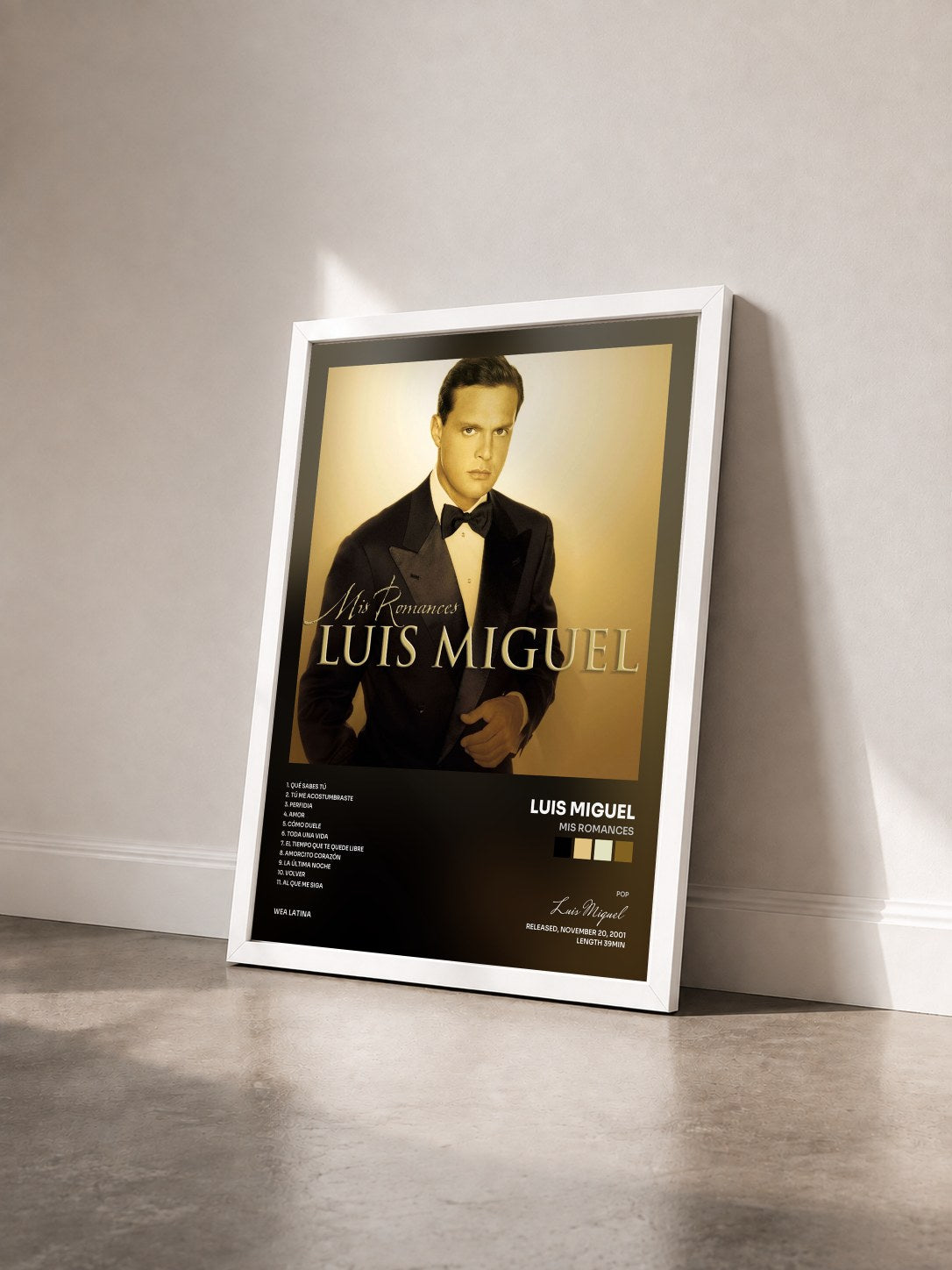 #blanc Tableau de l'album Mis Romances de Luis Miguel vu de trois quarts, cadre blanc