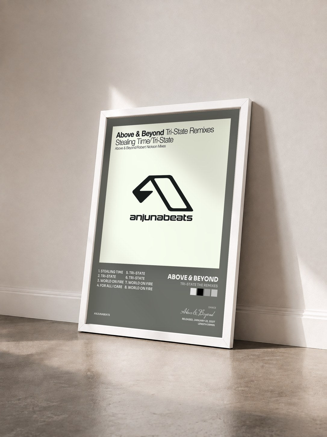 #blanc Tableau de l'album Tri-State the Remixes de Above & Beyond vu de trois quarts, cadre blanc