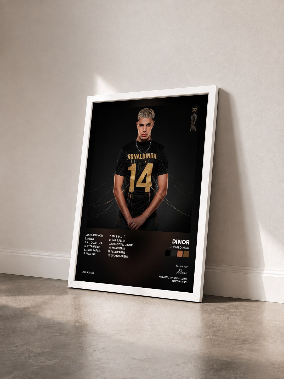 #blanc Tableau de l'album Ronaldinor de Dinor rdt vu de trois quarts, cadre blanc