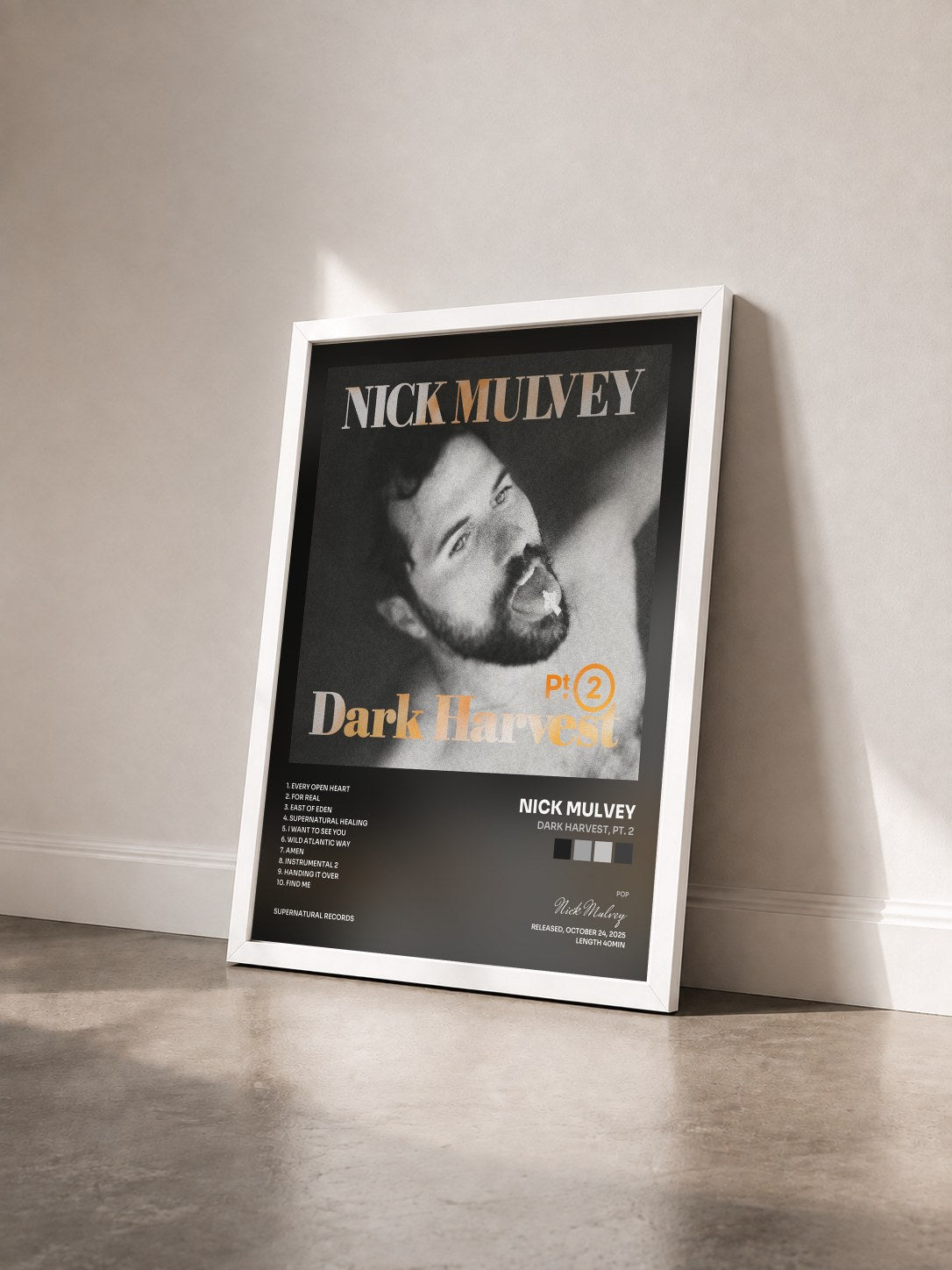 #blanc Tableau de l'album Dark Harvest, Pt. 2 de Nick Mulvey vu de trois quarts, cadre blanc