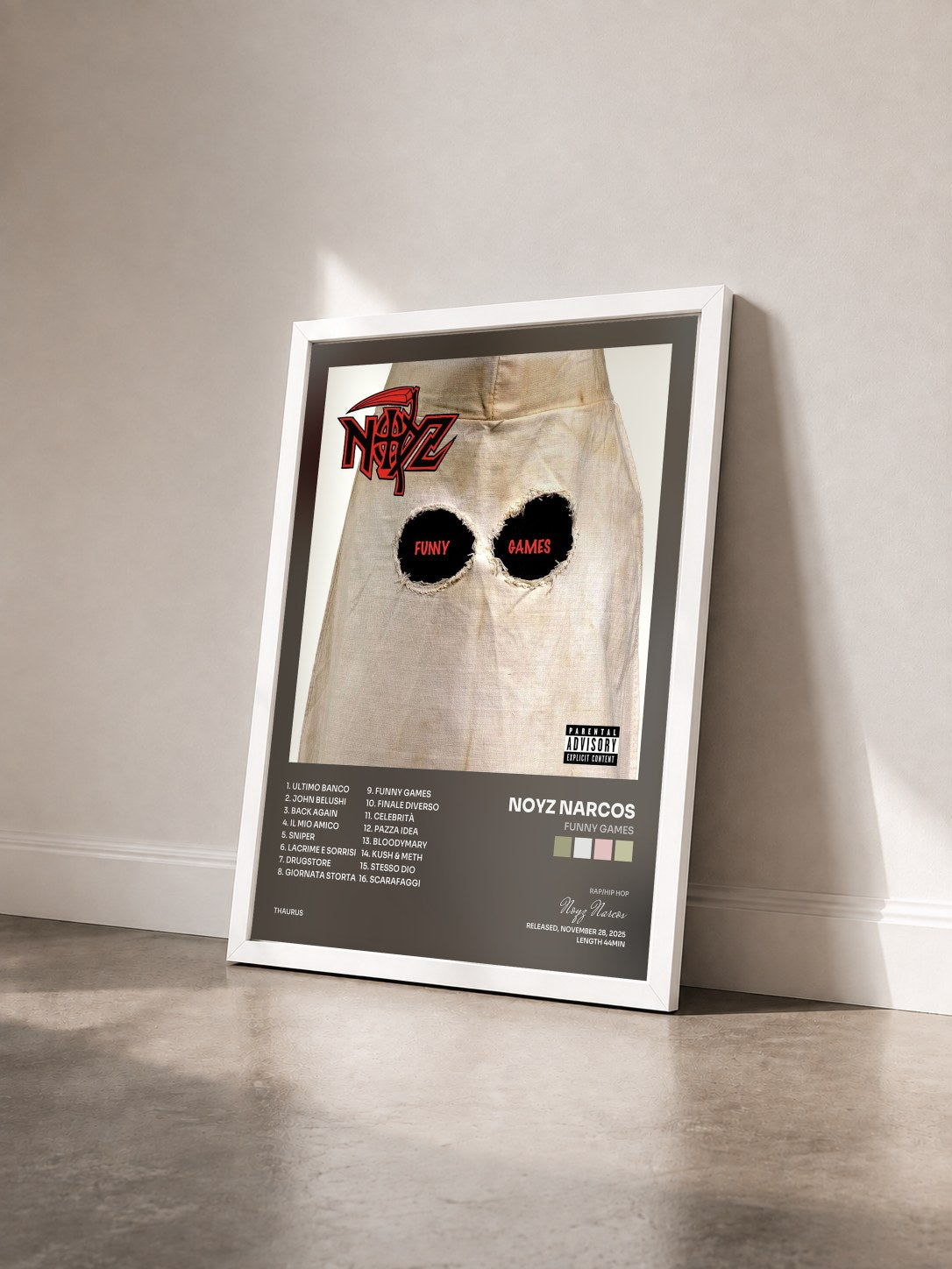 #blanc Tableau de l'album FUNNY GAMES de Noyz Narcos vu de trois quarts, cadre blanc