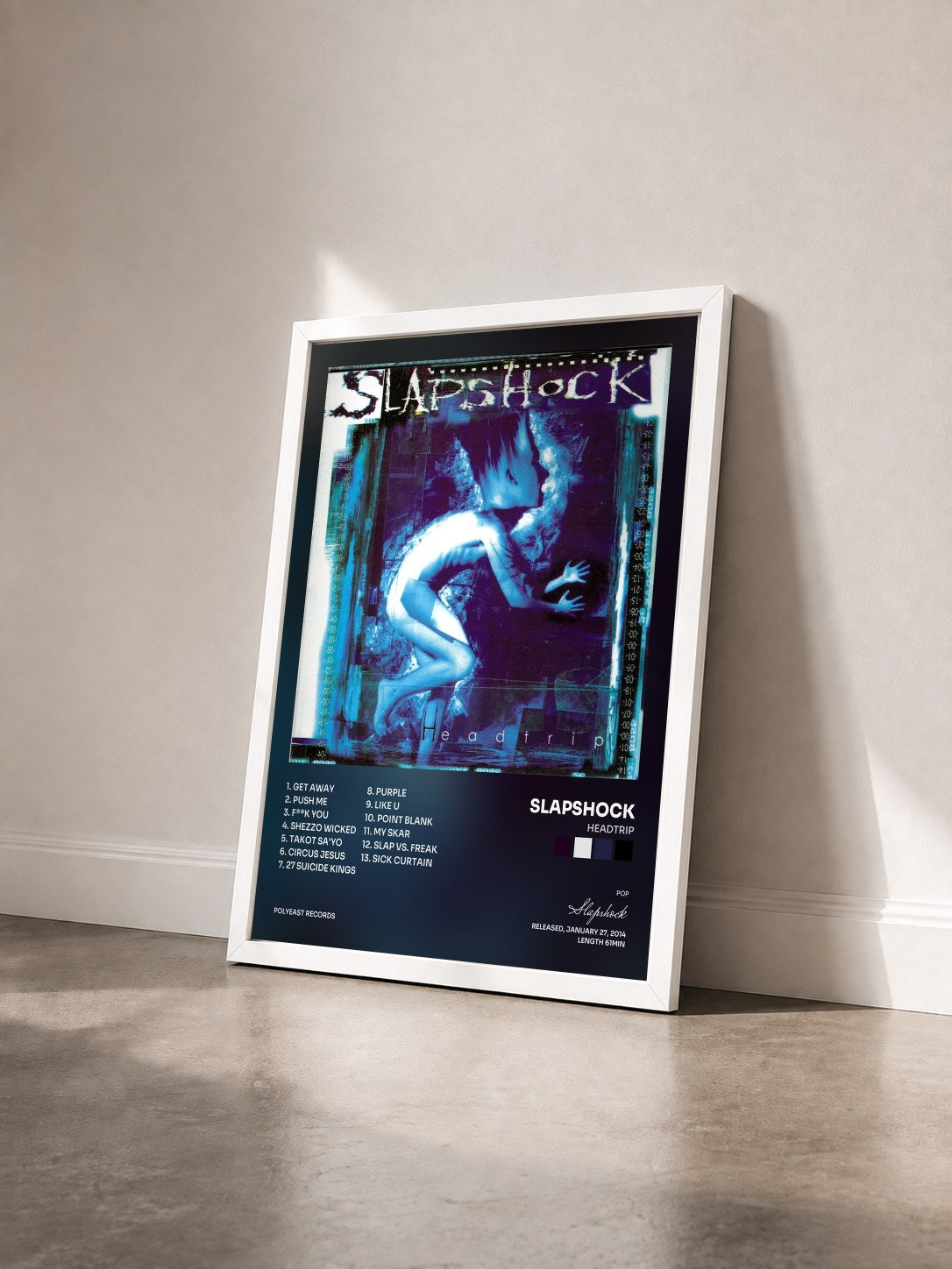 #blanc Tableau de l'album Headtrip de Slapshock vu de trois quarts, cadre blanc