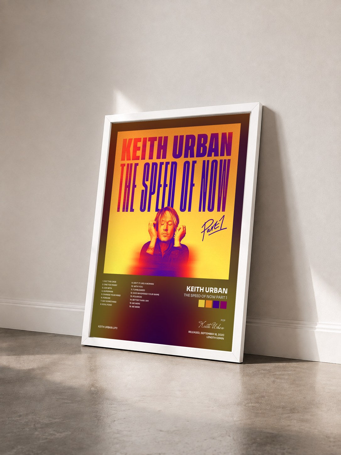 #blanc Tableau de l'album THE SPEED OF NOW Part 1 de Keith Urban vu de trois quarts, cadre blanc