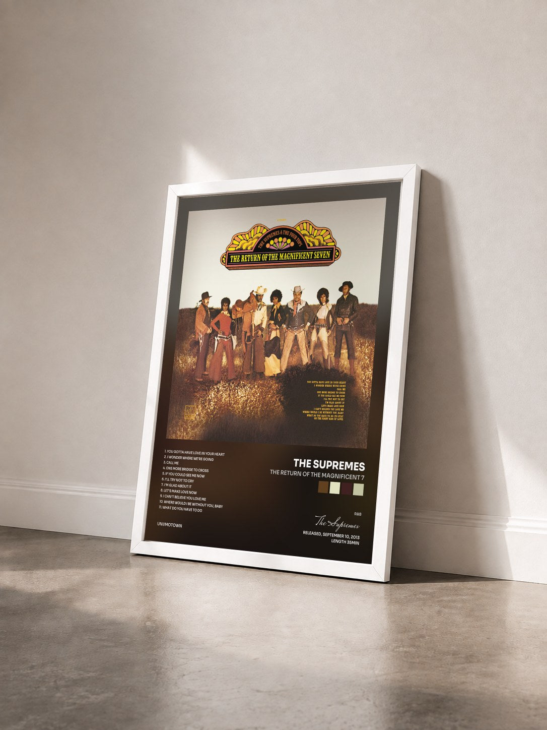 #blanc Tableau de l'album The Return Of The Magnificent 7 de The Supremes vu de trois quarts, cadre blanc