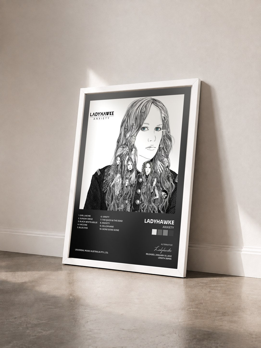 #blanc Tableau de l'album Anxiety de Ladyhawke vu de trois quarts, cadre blanc