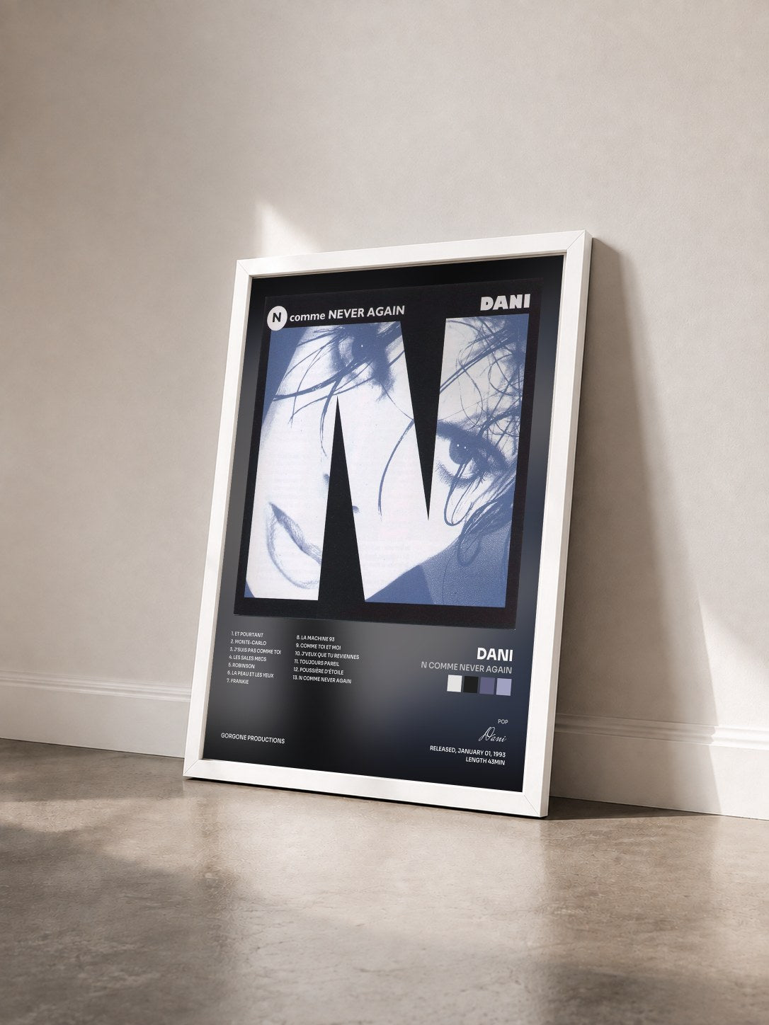 #blanc Tableau de l'album N comme Never Again de Dani vu de trois quarts, cadre blanc