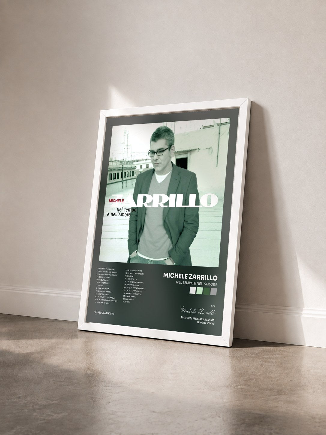 #blanc Tableau de l'album Nel tempo e nell'amore de Michele Zarrillo vu de trois quarts, cadre blanc