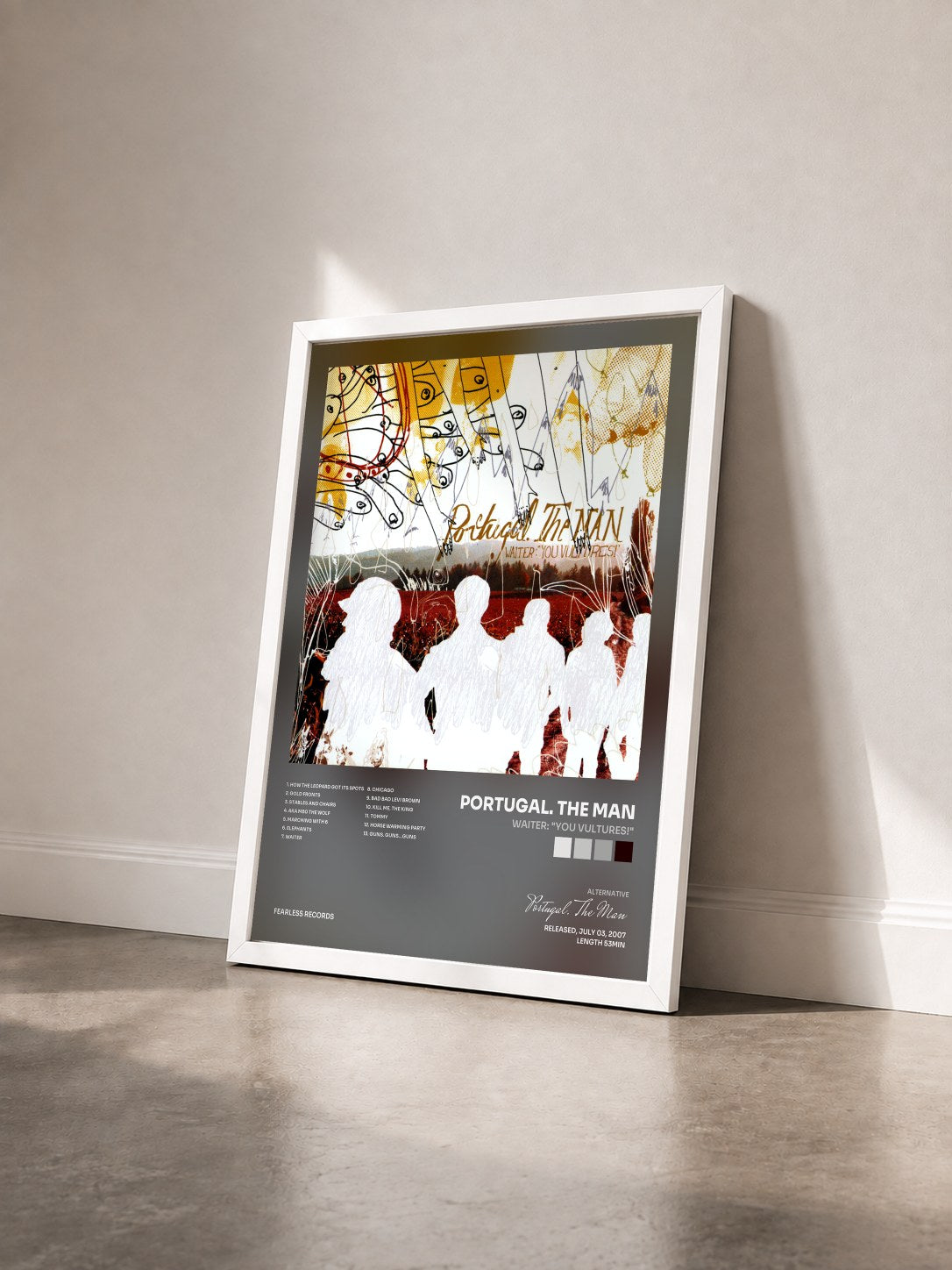 #blanc Tableau de l'album Waiter: "You Vultures!" de Portugal. The Man vu de trois quarts, cadre blanc