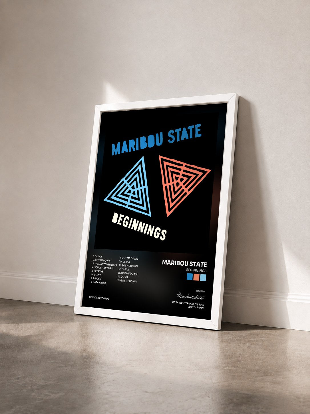 #blanc Tableau de l'album Beginnings de Maribou State vu de trois quarts, cadre blanc