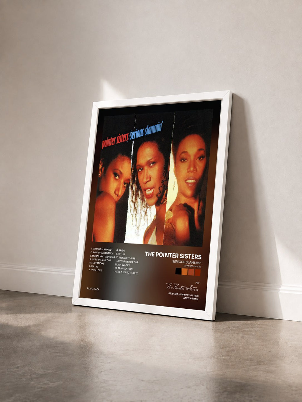 #blanc Serious Slammin' (Expanded Edition) by The Pointer Sisters as a framed art print seen at an angle, white frame