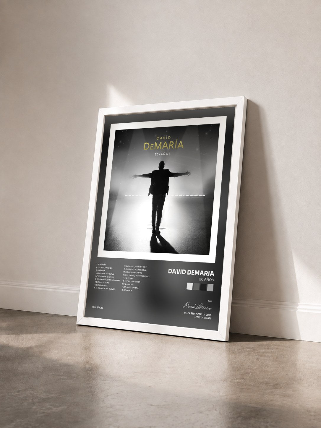 #blanc Tableau de l'album 20 Años de David deMaria vu de trois quarts, cadre blanc
